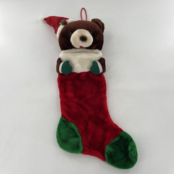 Other - 26" Brown Teddy Bear Plush 3D Christmas Stocking Plaid Santa Hat Red Green